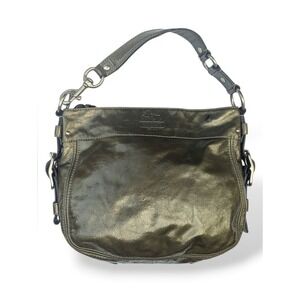 Coach Hobo Bag Olive Green Patent Leather Large Buckle Glossy Y2K Shoulder Bag